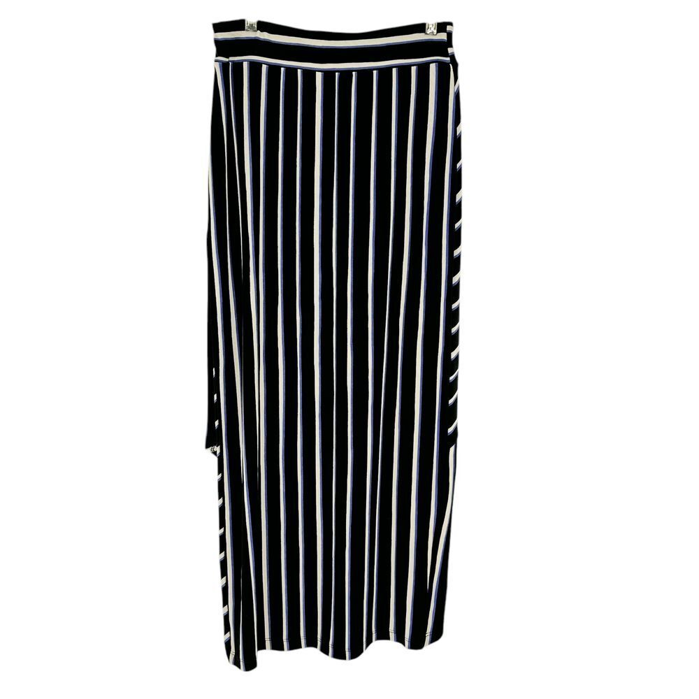 Chicos Striped Geometric Pattern Maxi Skirt Black White Blue SZ XS High Low Hem - Picture 2 of 7